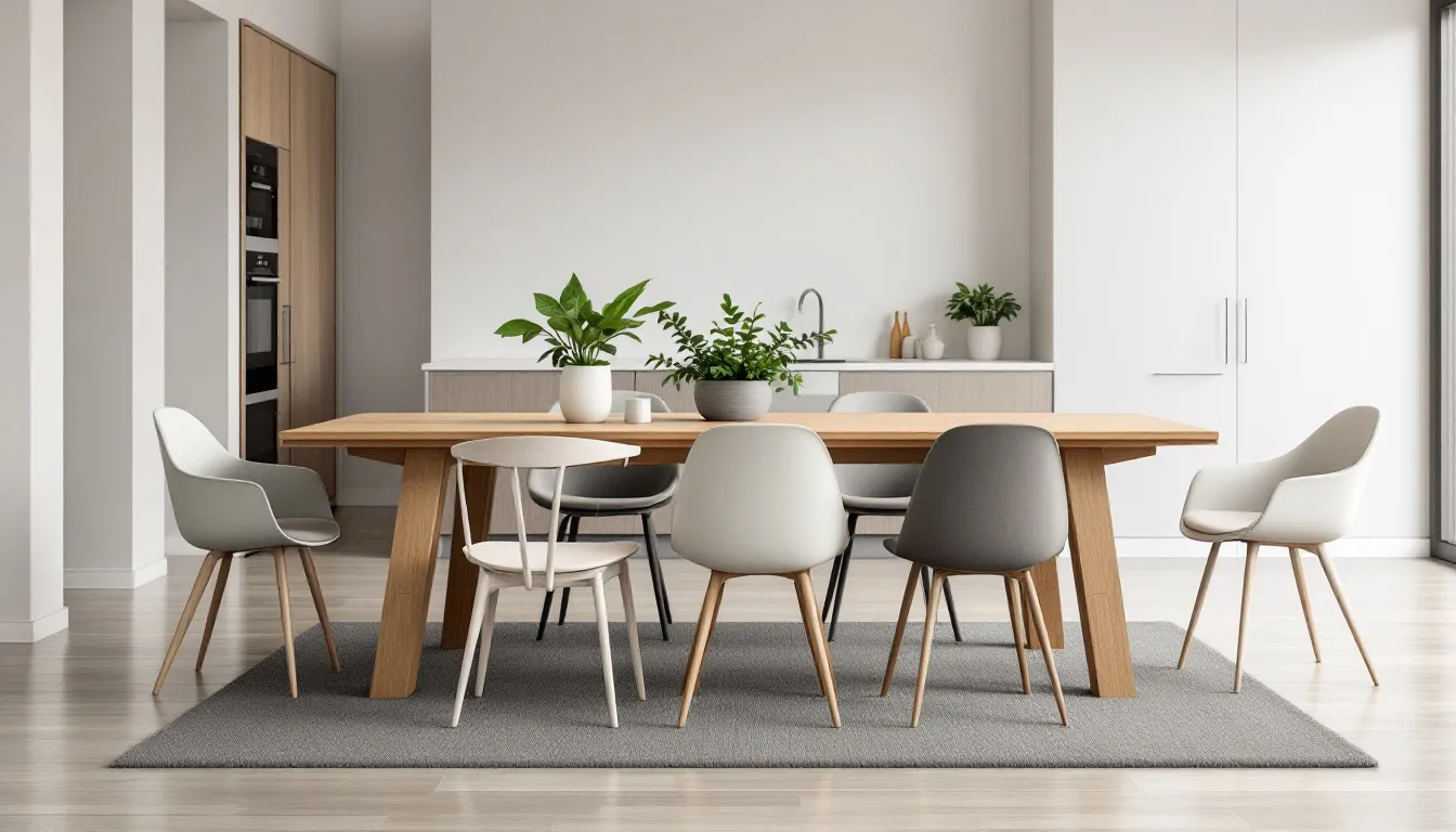 The image features a modern dining room with various stylish dining chairs, including upholstered and armless designs, arranged around a solid wood dining table. The combination of contemporary styles creates an elegant and inviting atmosphere for guests.