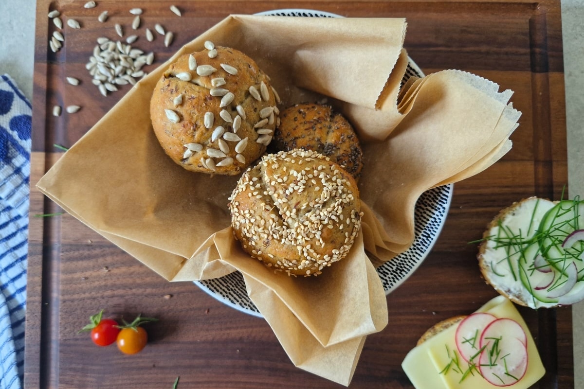 Protein rolls with toppings in a bowl