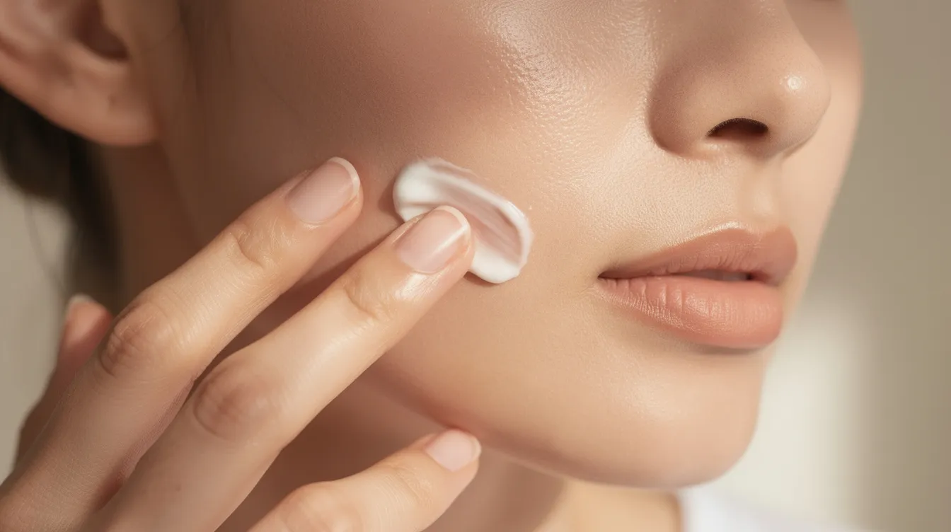 A close-up image shows a person gently applying a lightweight moisturizing cream to their cheek, with soft natural lighting enhancing the skin's texture. This scene highlights the importance of hydration for sensitive and dry skin, showcasing a skincare routine that keeps the skin feeling soft and balanced.