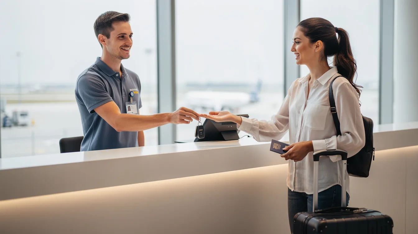 Un employé d'une agence de location sourit en remettant les clés d'une voiture à un voyageur satisfait devant un comptoir moderne, illustrant le service client de qualité pour les locations de vacances à Fès. Le décor contemporain et accueillant reflète l'efficacité et le confort offerts aux voyageurs.