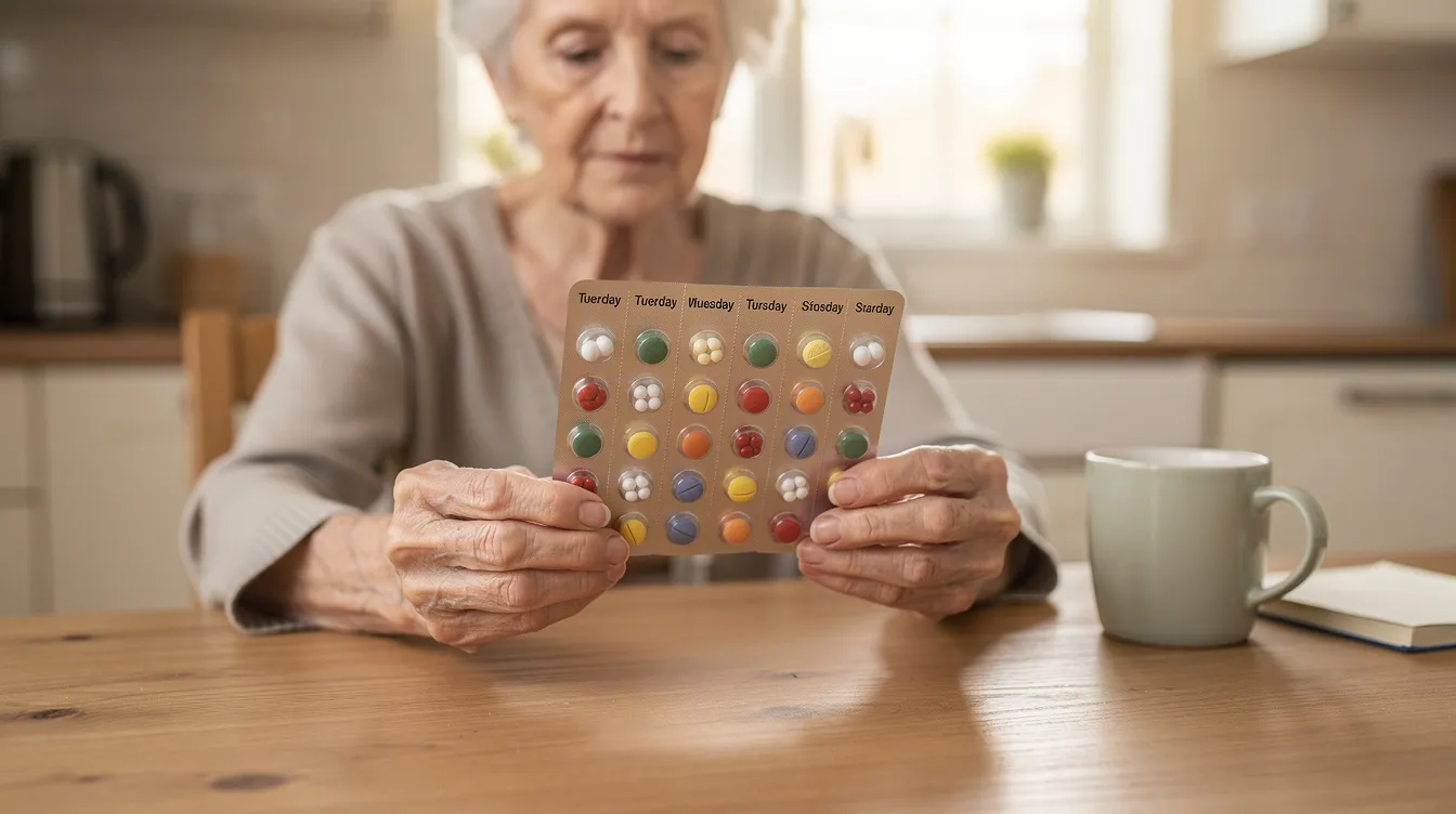 An elderly person is seated at a kitchen table, holding a calendar blister card that features compartments for daily medication doses. The blister packaging is designed to securely hold pills while providing easy access for seniors to manage their medications effectively.