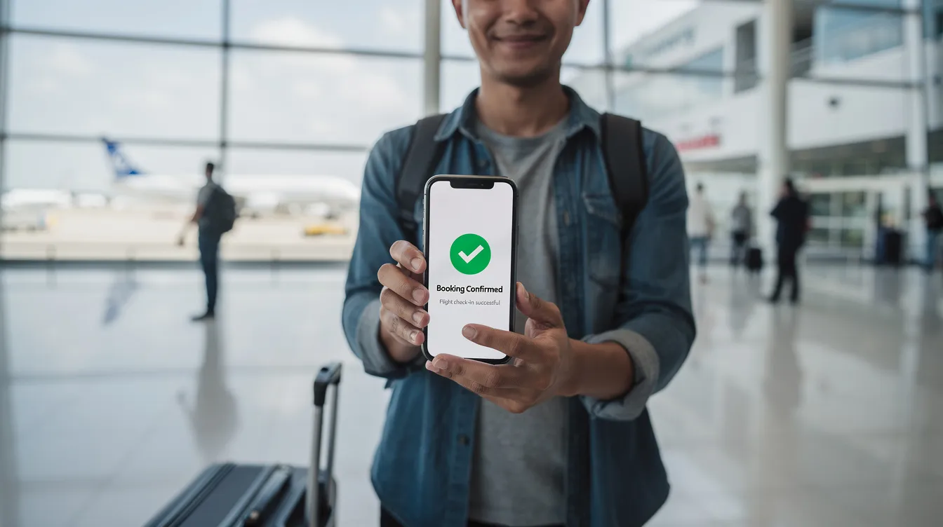 A person stands in an airport terminal, intently looking at their phone screen, which displays a confirmation notification related to their visa application. The notification likely includes important information regarding their immigration status and travel details for their upcoming trip.