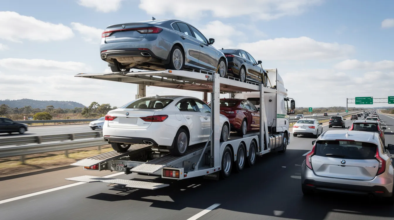An open trailer transporting multiple vehicles is seen on a highway, showcasing the car shipping process. This auto transport service effectively delivers standard and high-value vehicles safely to their desired destinations.