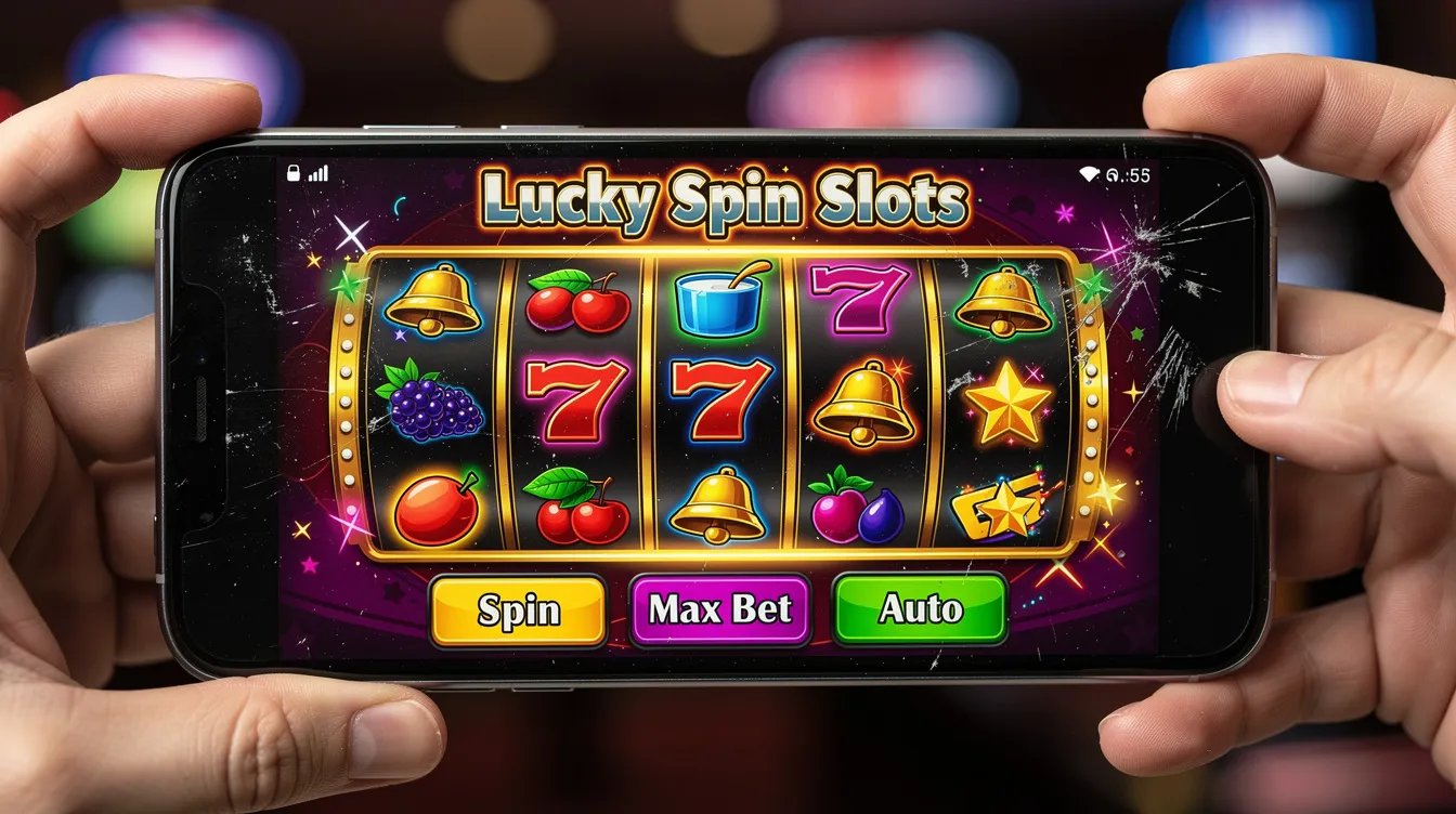 A smartphone screen showcases a vibrant and colorful slot game interface, featuring various symbols and animations typical of online casino games. This engaging display hints at the exciting spins ahead and the enjoyable gaming experience offered by platforms like Spin Casino.