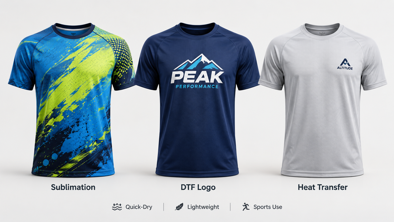 Quick-dry polyester performance T-shirts decorated with sublimation, DTF, and heat transfer printing