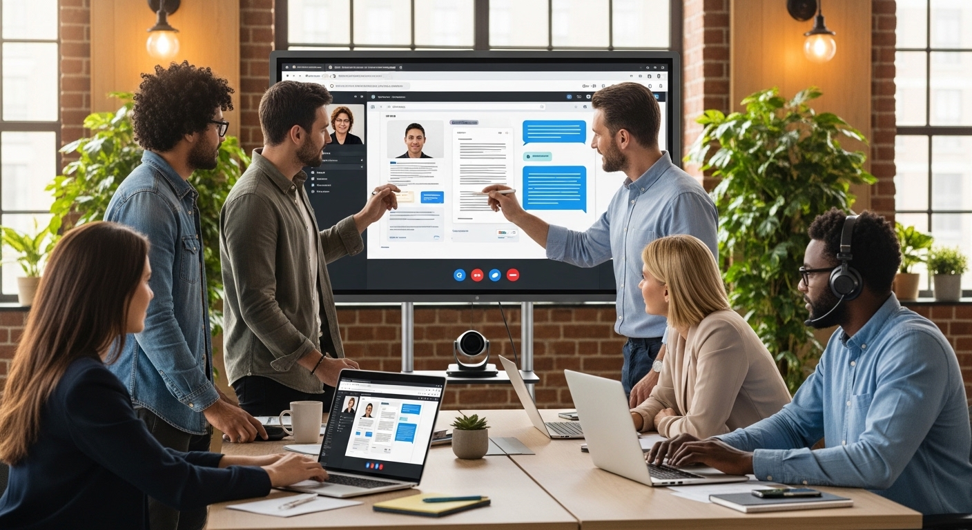 Team collaborating in real time with unified communication and file access platform.