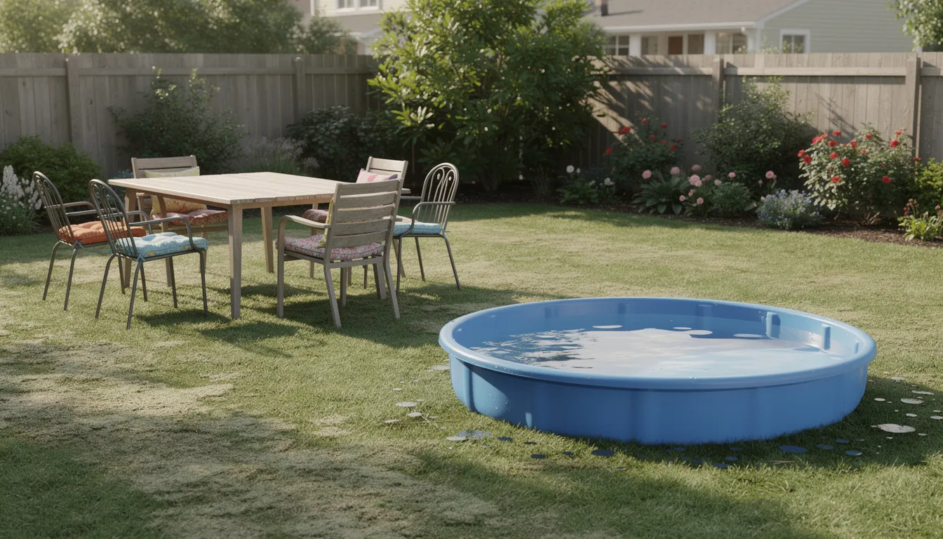The image depicts a garden scene featuring outdoor furniture and a paddling pool set on a lawn showing visible wear marks, indicating the need for regular lawn care. The grass appears patchy and could benefit from treatments like lawn feed and grass seed to encourage healthy growth and restore its lush appearance.