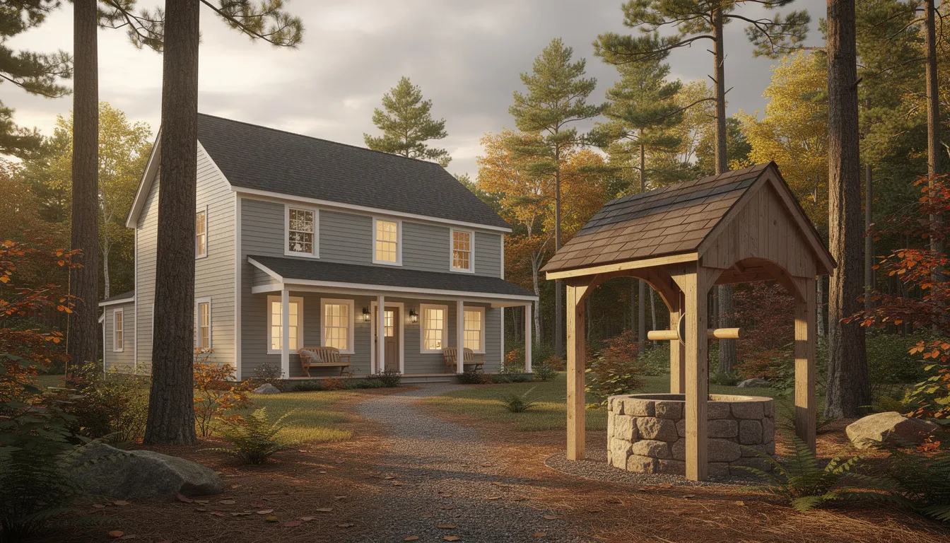 The image depicts a residential home in Maine surrounded by trees, featuring a covered well house that suggests a private water supply. This setting highlights the importance of water quality and the potential need for water treatment systems to ensure safe and clean well water for the family living there.