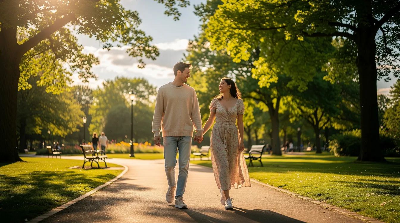 A couple is walking hand-in-hand through a sunny park, enjoying each other's company and the beauty of nature around them, symbolizing the emotional intimacy and mutual respect often found in the early stages of a romantic relationship. Their smiles reflect the joy and hope of falling in love, as they navigate this journey together.