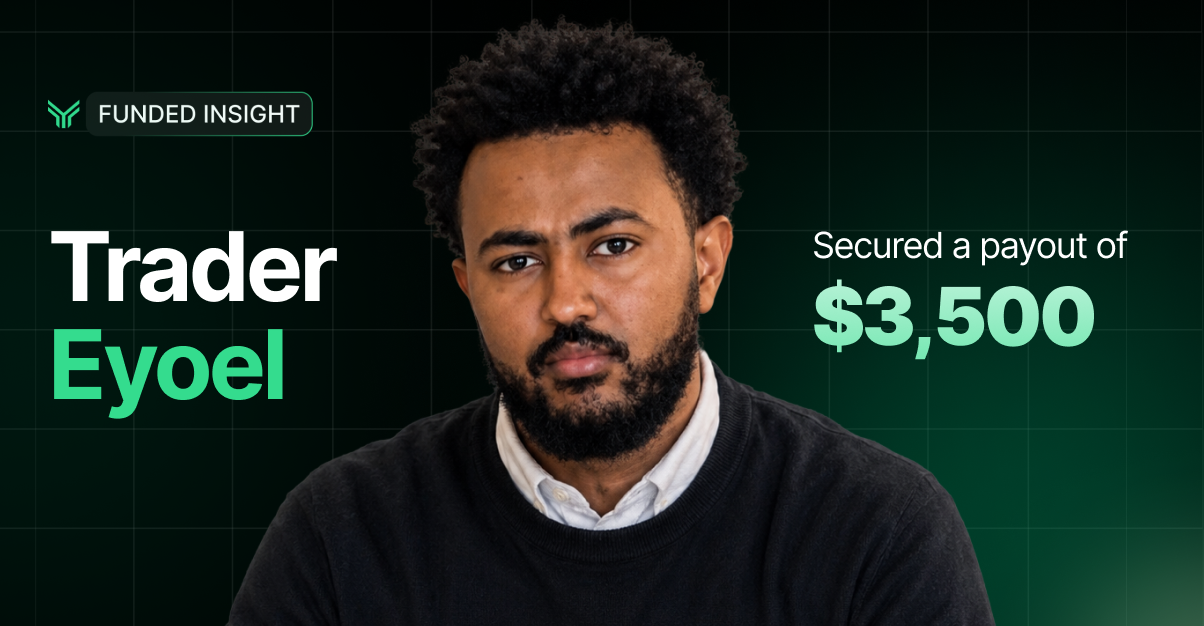 Funded Insight trader payout graphic on a dark green background with a subtle grid pattern. The Funded Insight logo badge appears in the top left corner. A cutout portrait of a man with curly dark hair and a full beard, wearing a dark sweater over a white collared shirt, is centered in the layout. On the left, bold text reads "Trader" in white and "Eyoel" in green. On the right, text reads "Secured a payout of" in white with "$3,500" displayed prominently in large green type.