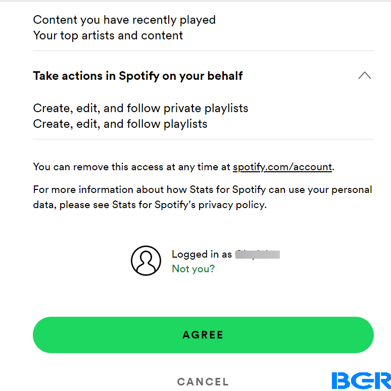 Click on agree to accept Stats for Spotify app permissions 