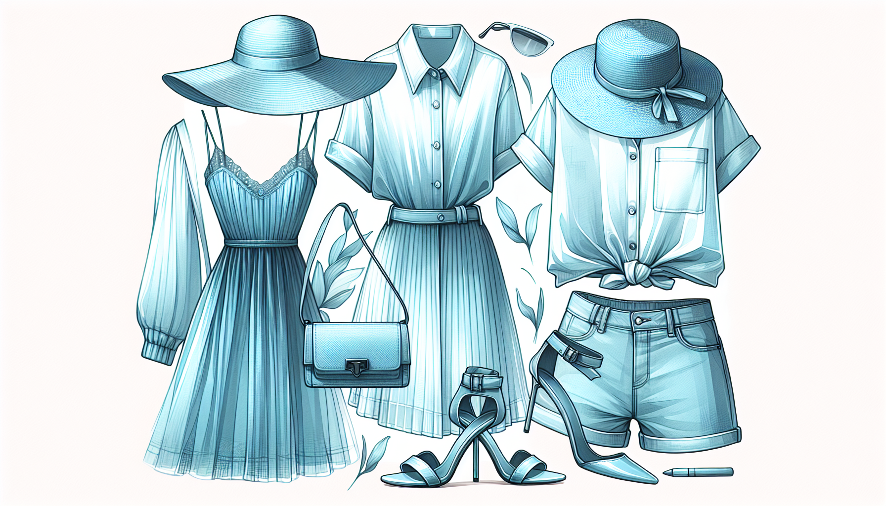 Eisblau: Illustration von Kleidungsstücken in der kühlen Trendfarbe für den Sommer.