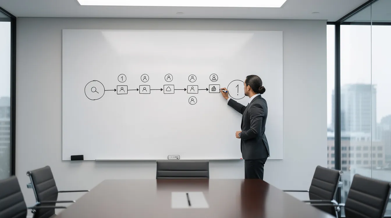 Un professionnel se tient devant un tableau blanc dans une salle de réunion, traçant une ligne reliant deux points tout en indiquant des jalons intermédiaires, illustrant ainsi un plan de développement pour l'équipe. Ce moment met en avant l'importance de la mise en œuvre d'un plan d'action pour atteindre les objectifs de l'entreprise.