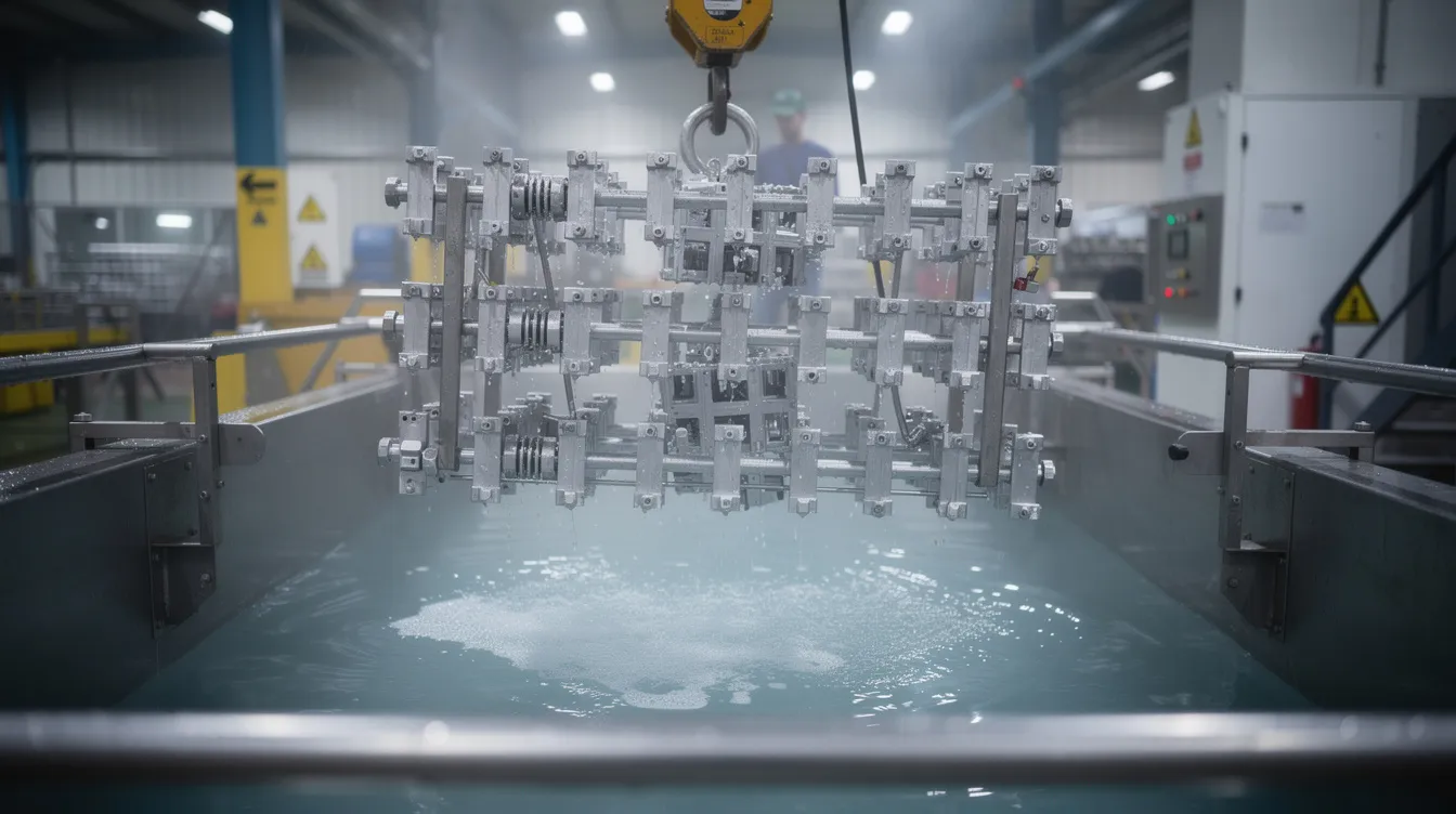 The image depicts aluminum parts mounted on anodizing racks being lowered into a tank filled with electrolyte solution, illustrating the anodizing process that enhances the corrosion resistance and surface hardness of the cnc machined aluminum parts. This electrochemical process creates a durable oxide layer, improving the performance and appearance of the components for demanding industrial applications.