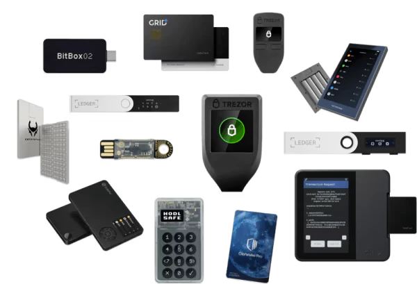 The image features modern hardware crypto wallets arranged neatly on a clean desk surface, showcasing various designs and sizes. These secure devices, ideal for cold storage, emphasize the importance of safely storing digital assets and private keys offline to protect against online threats.
