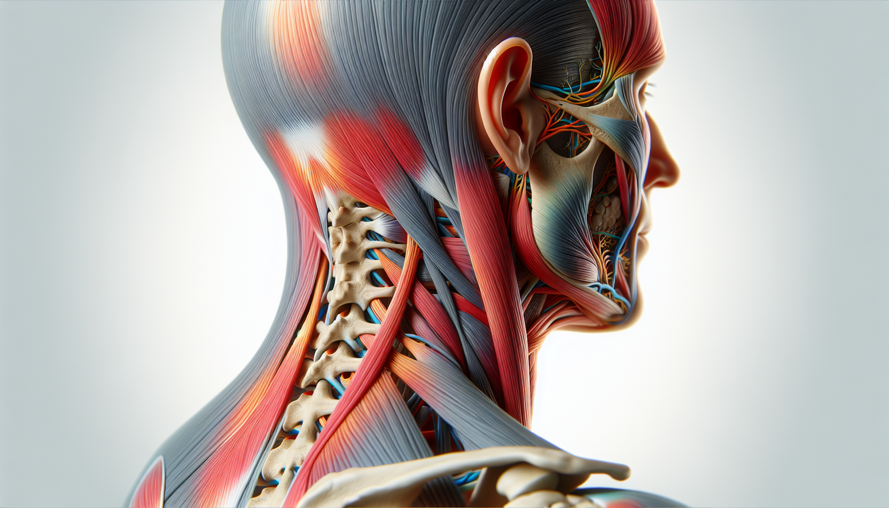 Illustration of a human neck with highlighted muscles and nerves