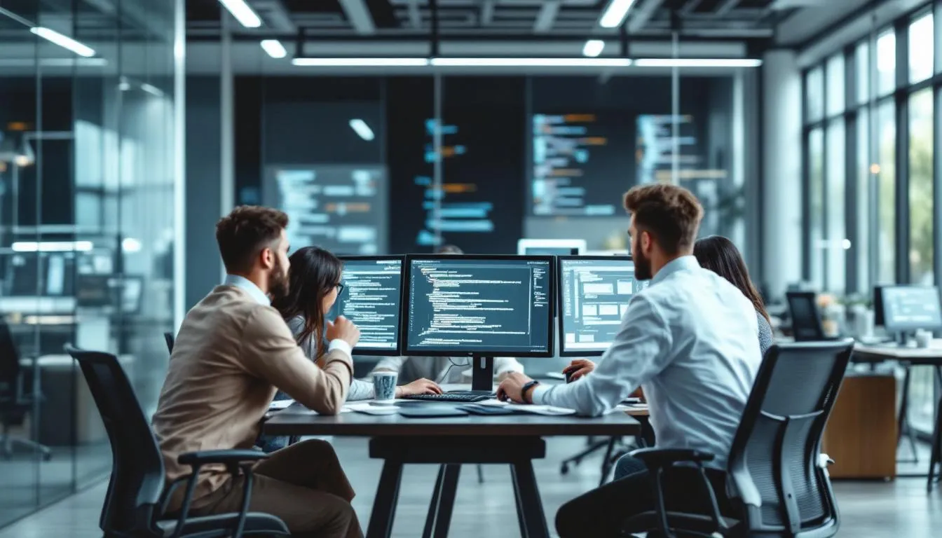 IT professionals are gathered in a modern office, collaborating around computer screens that display various network and security services related to secure access service edge and zero trust network access. The team is engaged in discussions about enhancing security measures and implementing strict access controls to protect sensitive data within their organization's security framework.