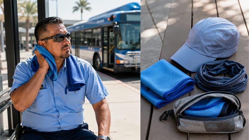Bus driver using a cooling towel beside a bus with a cap, neck gaiter, and storage pouch