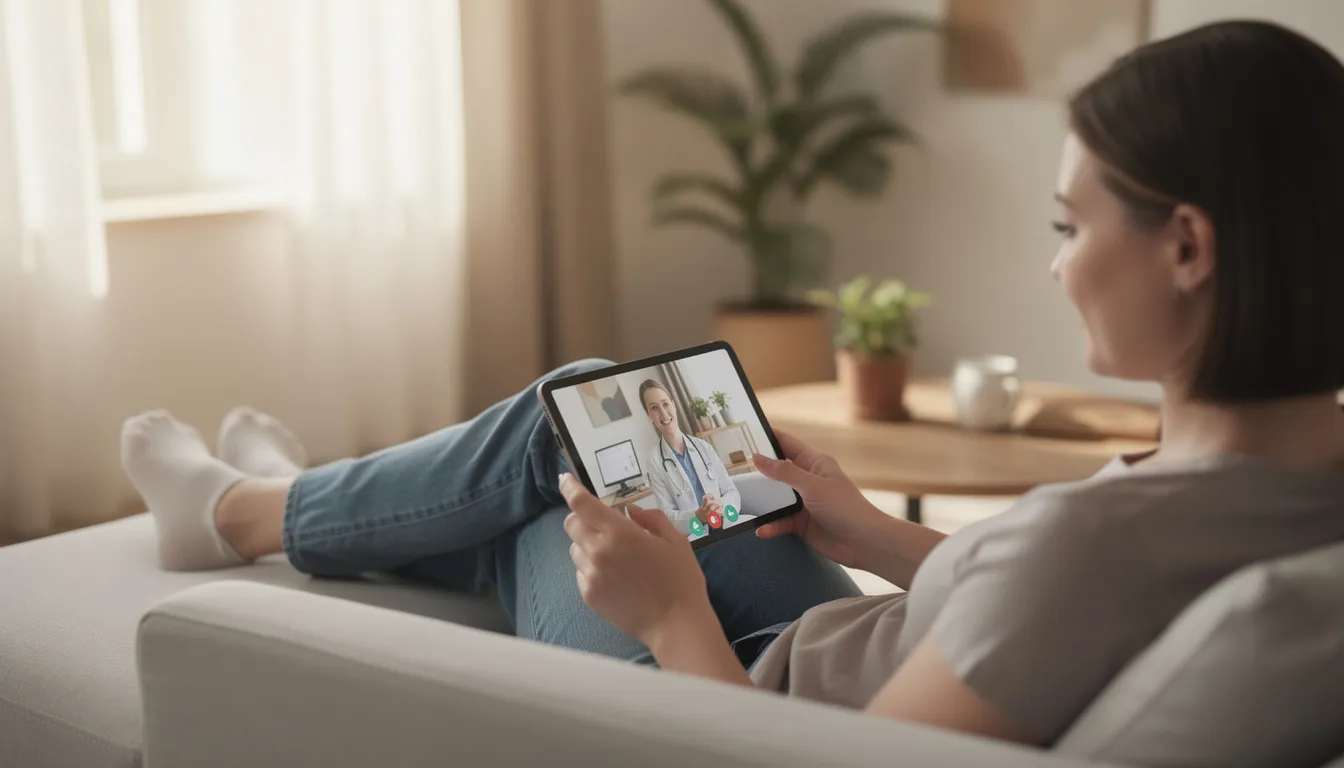 Eine Person sitzt entspannt in einem gemütlichen Raum und nutzt ein Tablet für eine Videosprechstunde, möglicherweise um Fragen zu medizinischem Cannabis und dessen Wirkung zu klären. Die Umgebung strahlt Ruhe aus und könnte für Patienten, die an Schmerzen oder Schlafproblemen leiden, eine angenehme Atmosphäre bieten.