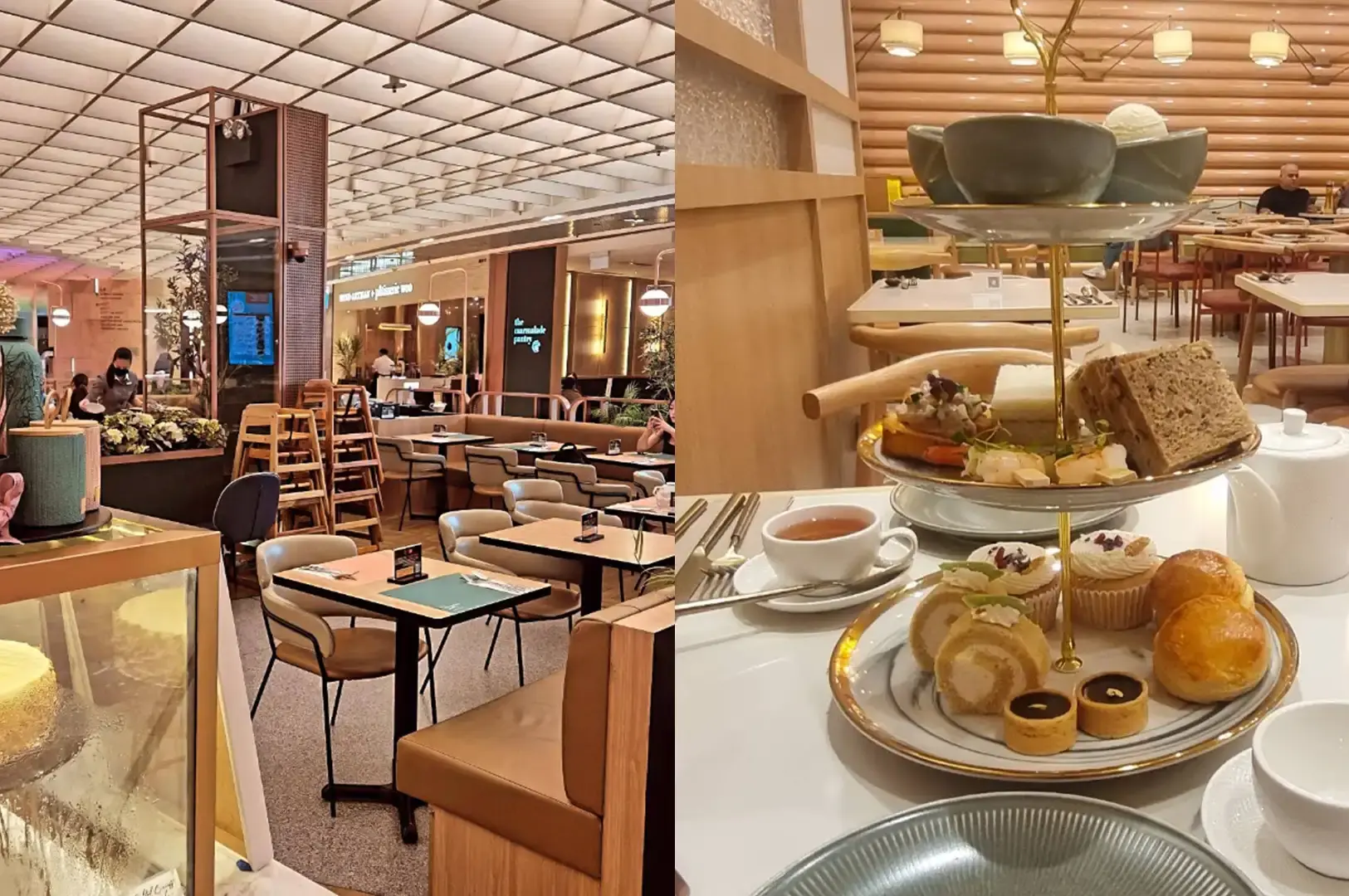 A split-screen composition presenting a modern cafe interior on the left with light wood booths, leather seating, and grid-patterned ceiling lights, paired on the right with a two-tiered high tea stand filled with savory finger sandwiches on the top tier, alongside sliced roll cakes, frosted cupcakes, mini chocolate tarts, and golden scones on the bottom tier next to a white teapot.