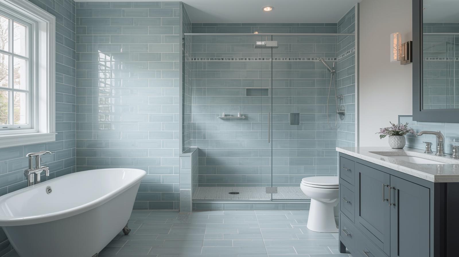 A serene and softly lit full bathroom, showcasing a prominent running bond tile pattern in the shower.