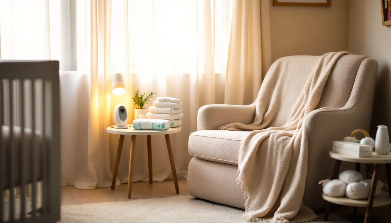 In a cozy nursery corner, a comfortable chair is illuminated by soft lighting, surrounded by organized baby care items such as soft blankets, bibs, and a baby carrier, creating a welcoming space for new parents to care for their little one. This scene embodies the essence of thoughtful baby shower gifts, perfect for celebrating the arrival of a newborn.