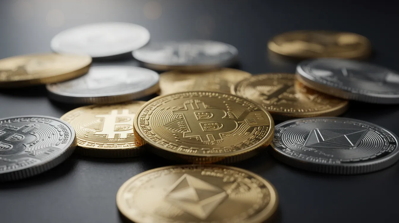 The image features an arrangement of gold and silver cryptocurrency coins on a dark surface, illuminated by soft lighting, creating an elegant and modern aesthetic. This visual reflects the growing trend of using cryptocurrencies in online casinos, particularly in non Gamstop casino sites.