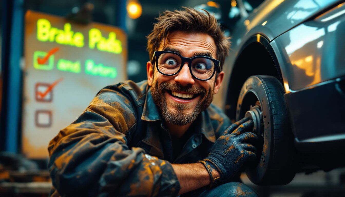 A mechanic performing brake system inspections on an SUV.