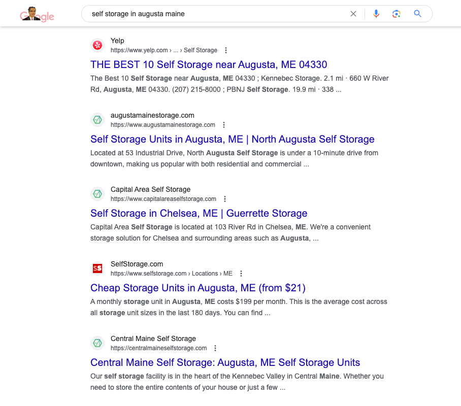 A picture of a self storage website search engine results