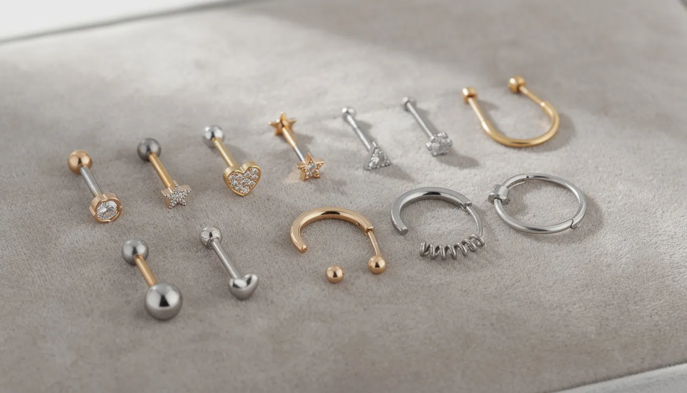 The image showcases a variety of nose jewellery, including nose studs and hoops, crafted from materials like gold, silver, and titanium. Different styles are featured, such as simple ball designs, sparkling gems, and uniquely shaped studs like stars and hearts, offering options for every personality and occasion.