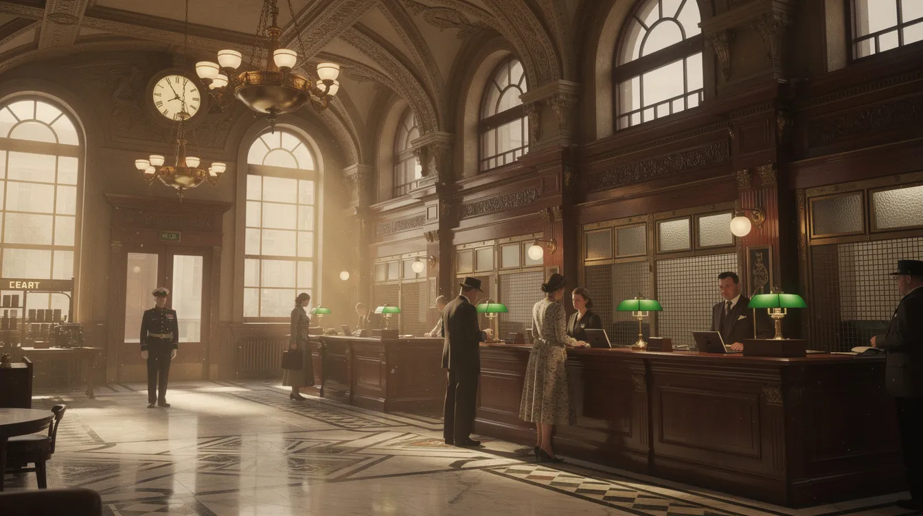 The image depicts an old-style bank lobby, featuring ornate wooden furnishings, vintage chandeliers, and marble flooring, evoking a sense of historical financial elegance. In this setting, the atmosphere suggests a place where individuals might discuss financial situations, including tax liabilities and payment plans, amidst the grandeur of classic banking architecture.