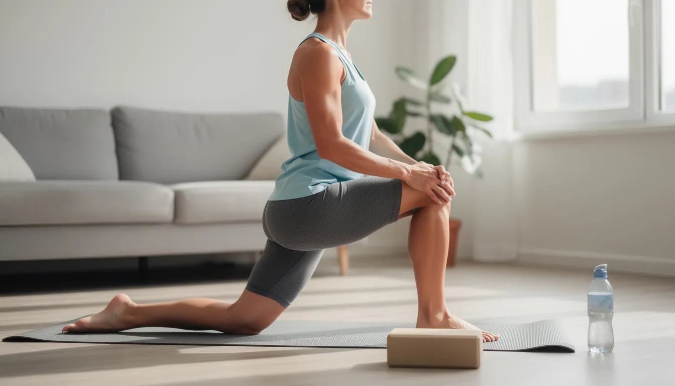 A person is performing a hip flexor stretch at home using minimal equipment, focusing on improving flexibility and mobility, which are essential for enhancing golf performance and reducing injury risk. This exercise supports many golfers in their fitness programs to achieve lower scores and better overall health.