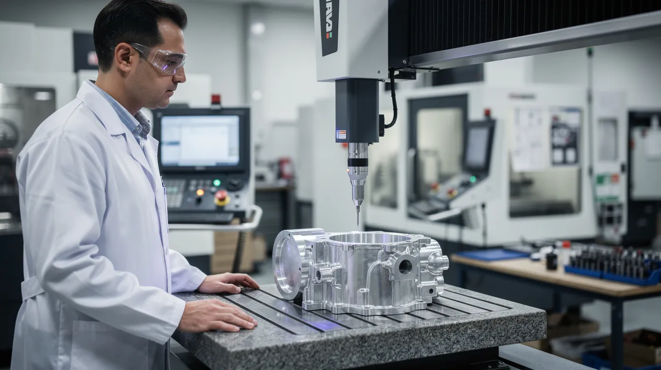 A quality control engineer is inspecting a precision metal component using a coordinate measuring machine in a modern factory setting. The scene highlights advanced equipment essential for ensuring high precision in CNC machining services and quality management systems.