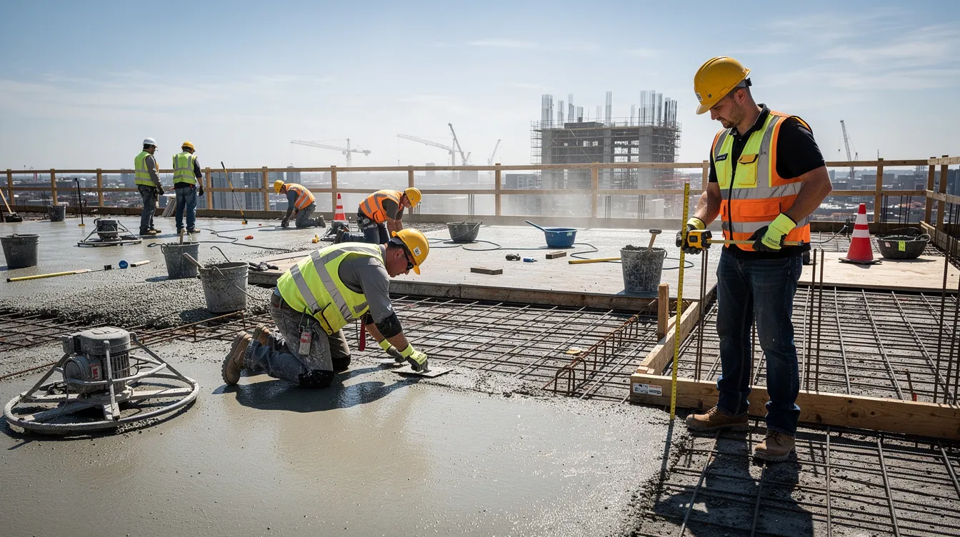 A group of construction workers wearing hard hats and high-visibility vests is actively working on a concrete deck under the bright summer sun, highlighting the importance of worker safety in the construction industry. The scene emphasizes the need for heat stress monitoring and proactive measures to prevent heat-related illnesses, ensuring a safer work environment for all workers on the job site.