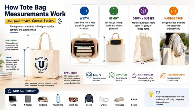 School tote bag measurement guide showing width, height, gusset, and handle drop for daily campus use.