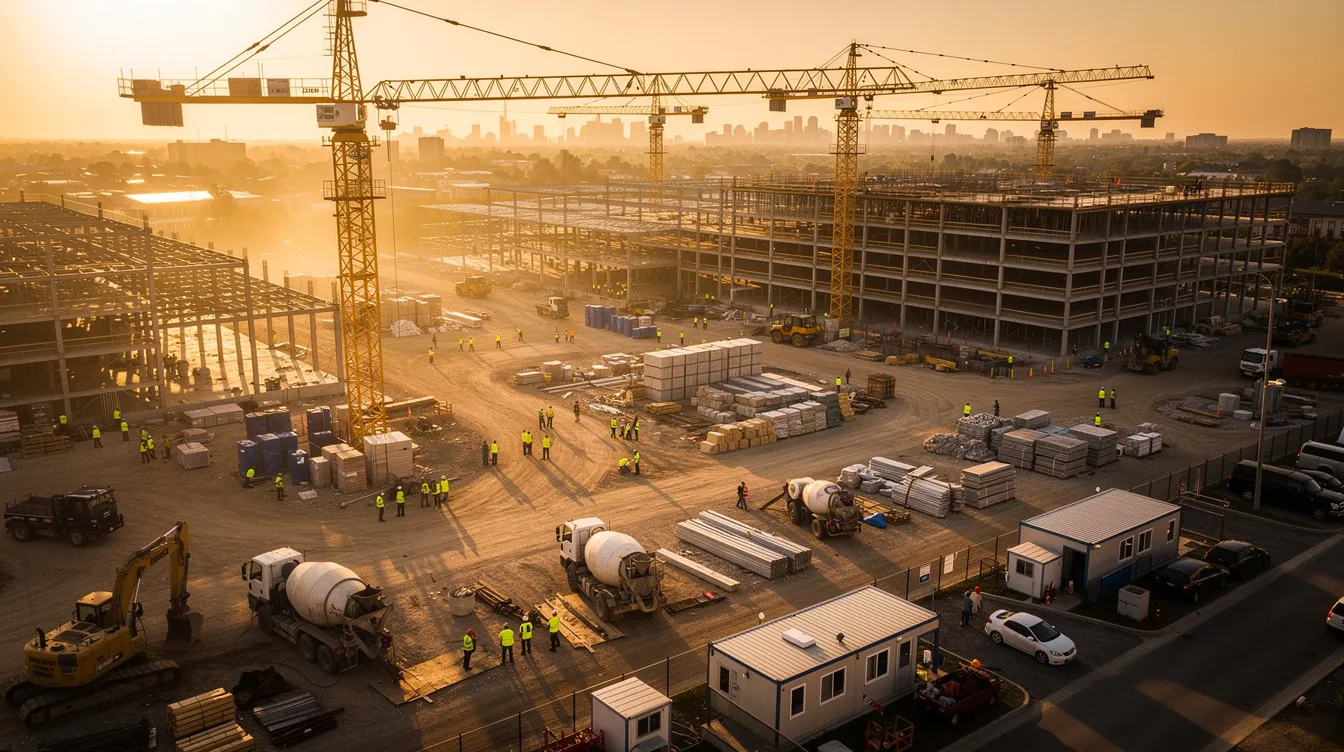 An aerial view captures a bustling commercial construction site during golden hour, showcasing cranes and workers engaged in various tasks. This scene reflects the dynamic nature of the construction industry, highlighting the importance of effective construction marketing strategies for construction companies and contractors.