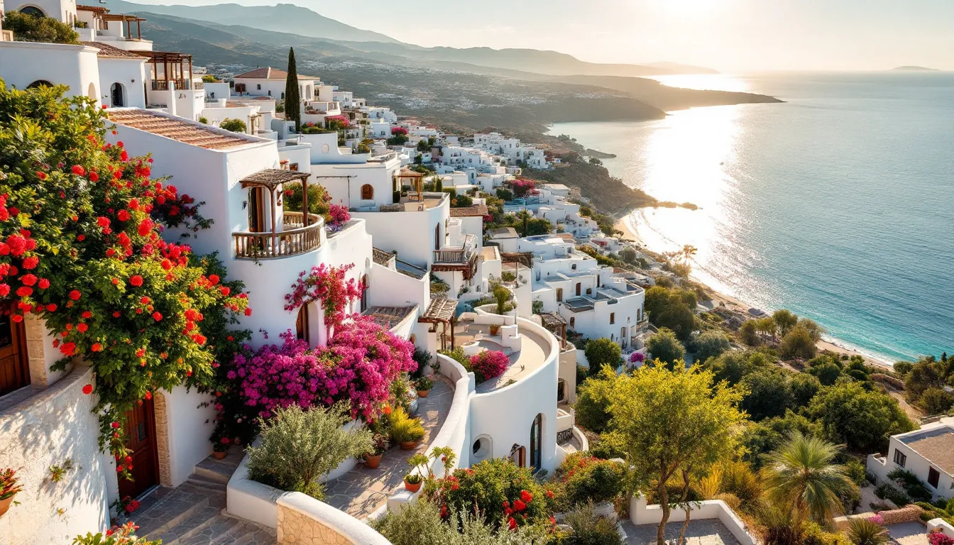 A scenic view of villas in Paphos, Cyprus, showcasing beautiful architecture and surrounding landscapes.