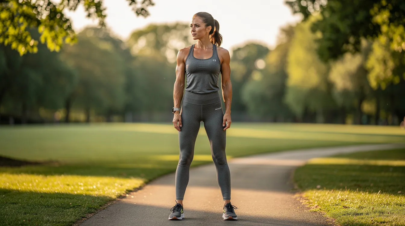 The image shows a confident woman standing outdoors in workout clothing, surrounded by a lush natural park setting. Her posture exudes strength and determination, reflecting a healthy lifestyle that may include fitness routines and balanced diets, which are essential for maintaining body composition and supporting fat cell survival after procedures like a Brazilian butt lift.
