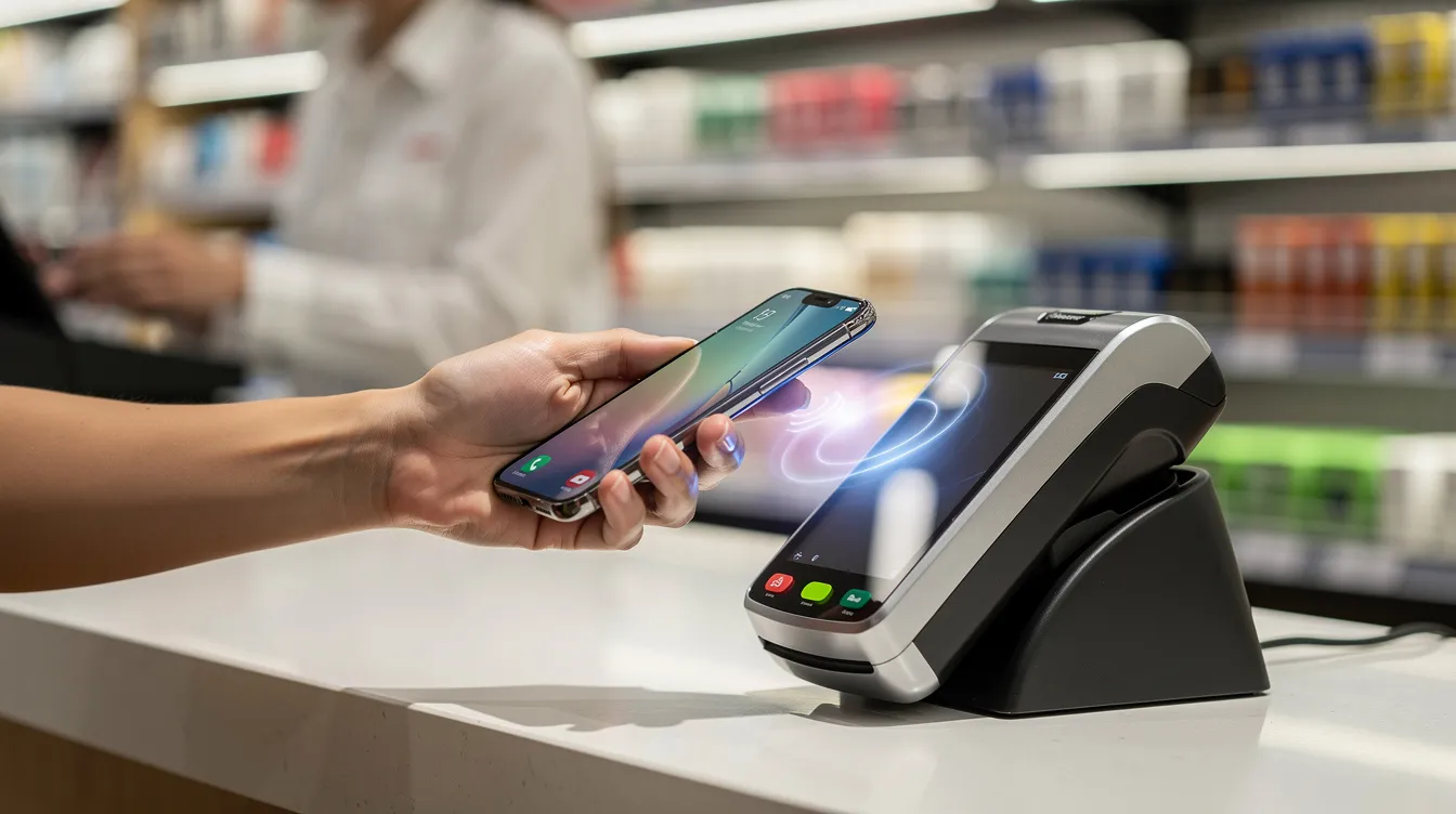 A person is using a smartphone to make a contactless payment at a retail store counter, showcasing modern payment technology. The image highlights the convenience of digital transactions, which can be linked to financial services like "私人 貸款" for managing expenses.