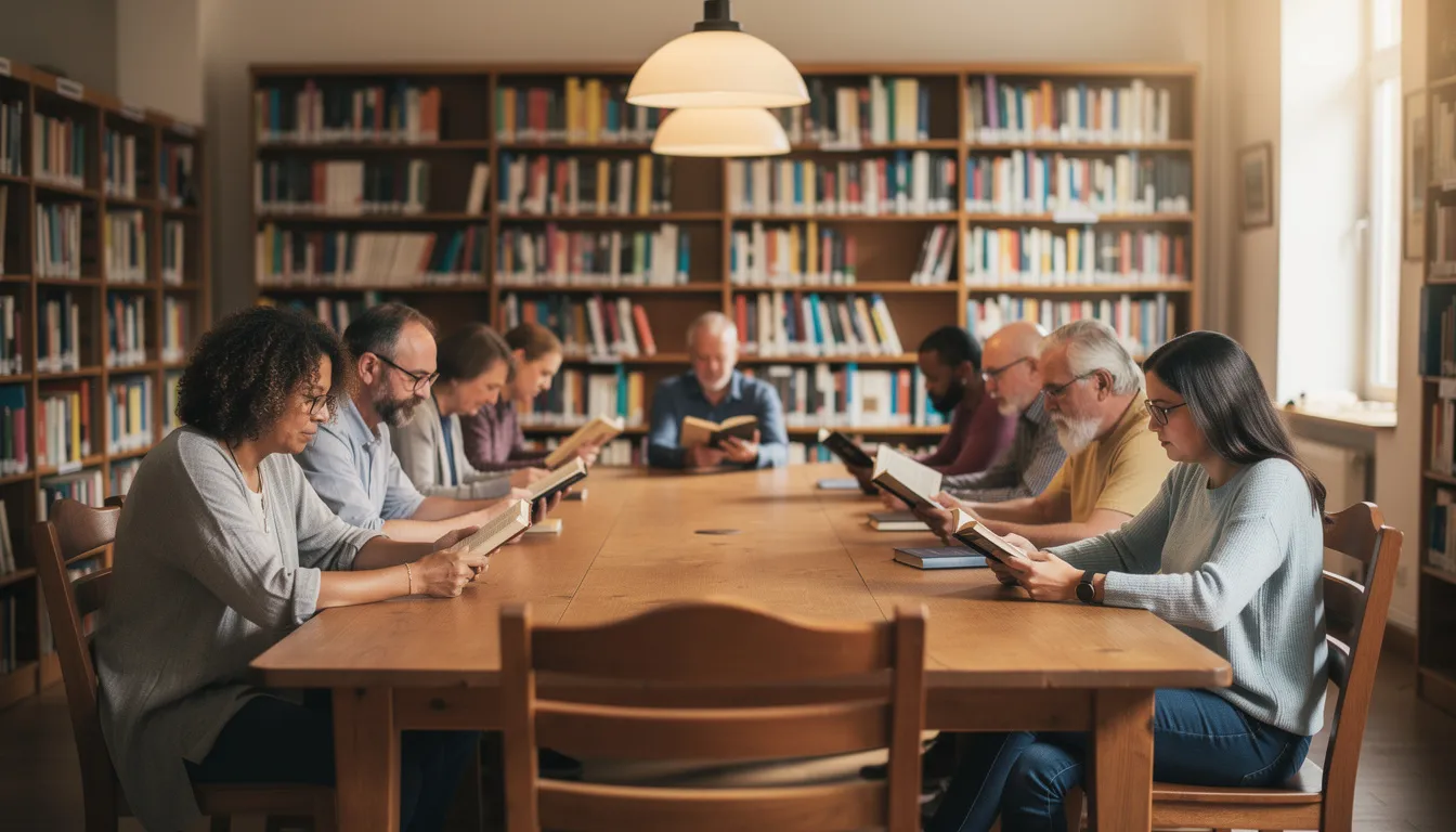 A diverse group of adults is sitting together in a library, engaged in reading books, possibly preparing for the Australian citizenship test. They are surrounded by shelves filled with various books, creating a collaborative learning environment that reflects Australia's democratic beliefs and values.