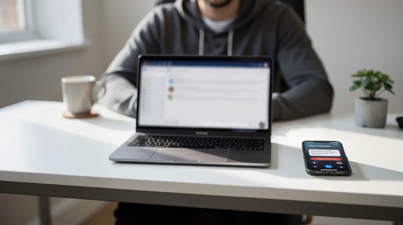 A person is sitting at a desk, focused on a laptop while holding a smartphone that displays a text message notification. The scene suggests a busy work environment, possibly involving communication through mobile phone numbers or SMS verification for accounts or services.