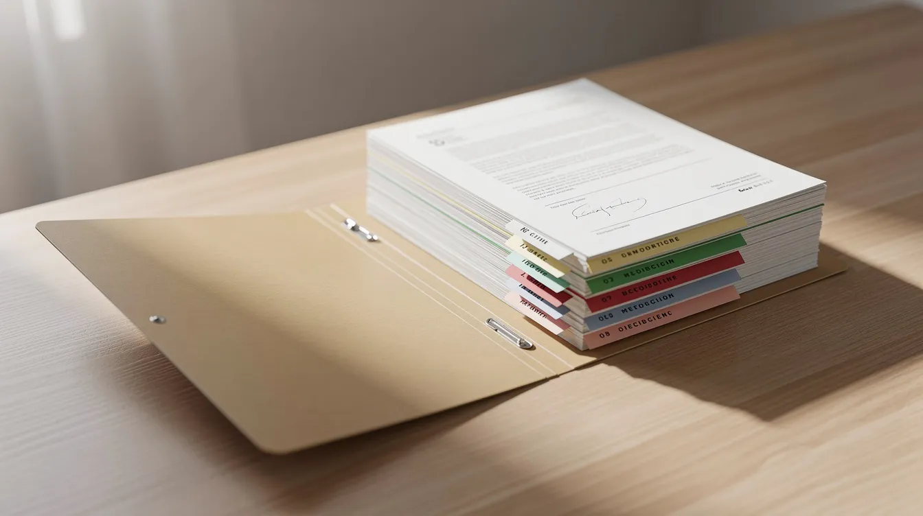 The image depicts a neatly organized file folder resting on a wooden desk, containing various documents related to a business plan, such as bank statements and loan applications. This arrangement suggests preparation for a mudra loan application, highlighting the importance of clear business details and adherence to eligibility criteria for approval by financial institutions.