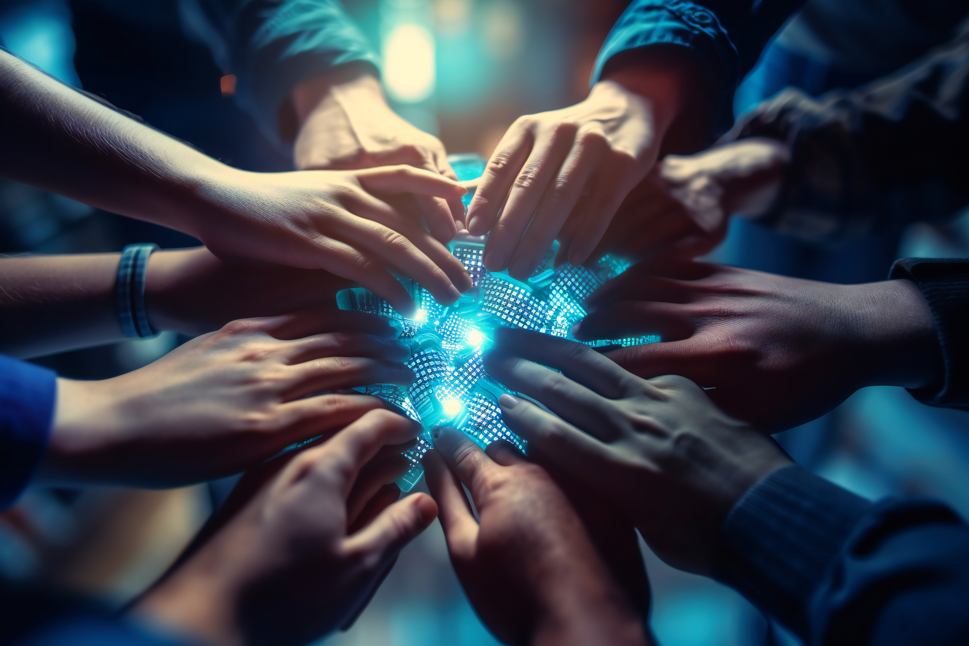 hands of a team gathering around a blue light