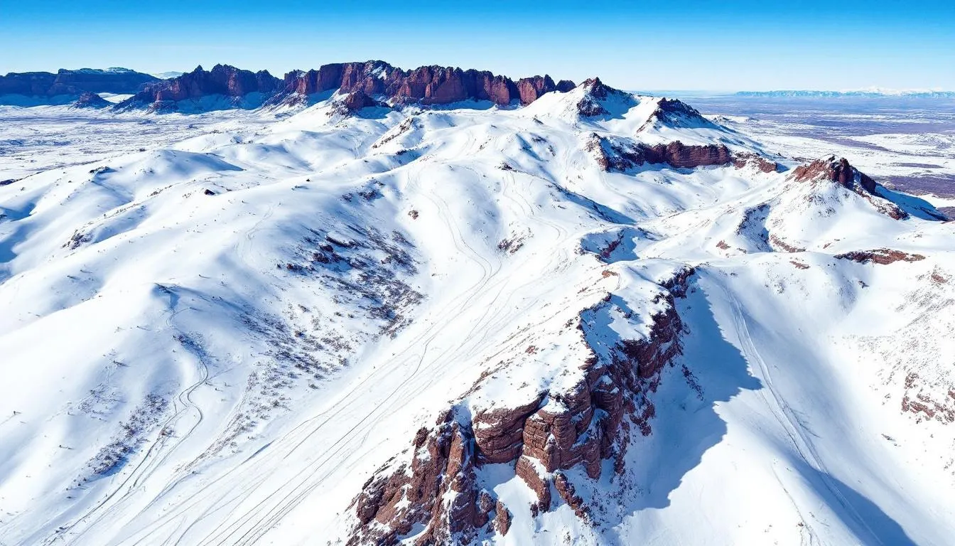 An aerial view of Brian Head Ski Resort showcases the snow-covered mountains and ski runs, with striking red rock formations in the background, highlighting the resort's stunning landscape in southern Utah. The image captures the essence of winter activities, perfect for skiers and snowboarders of all skill levels.