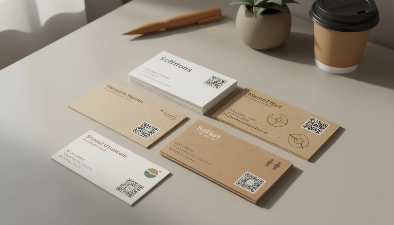 The image showcases a collection of modern business cards designed with bold colors and sustainable materials, each featuring a unique QR code that connects to the brand's personality. These creative business card designs, with their sleek and eye-catching aesthetics, make a lasting impression on potential clients while reflecting a commitment to professionalism and creativity.