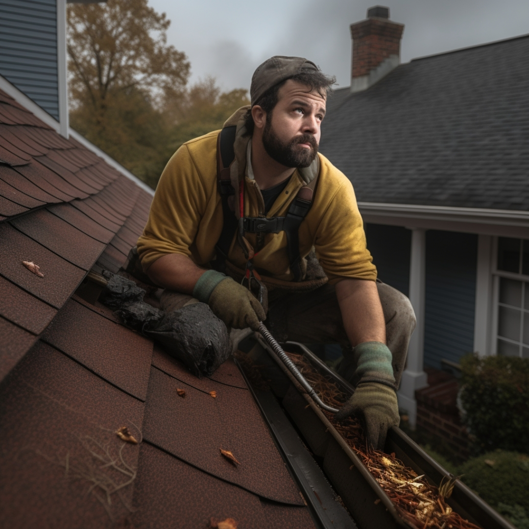 A picture of a professional cleaning and repairing gutters
