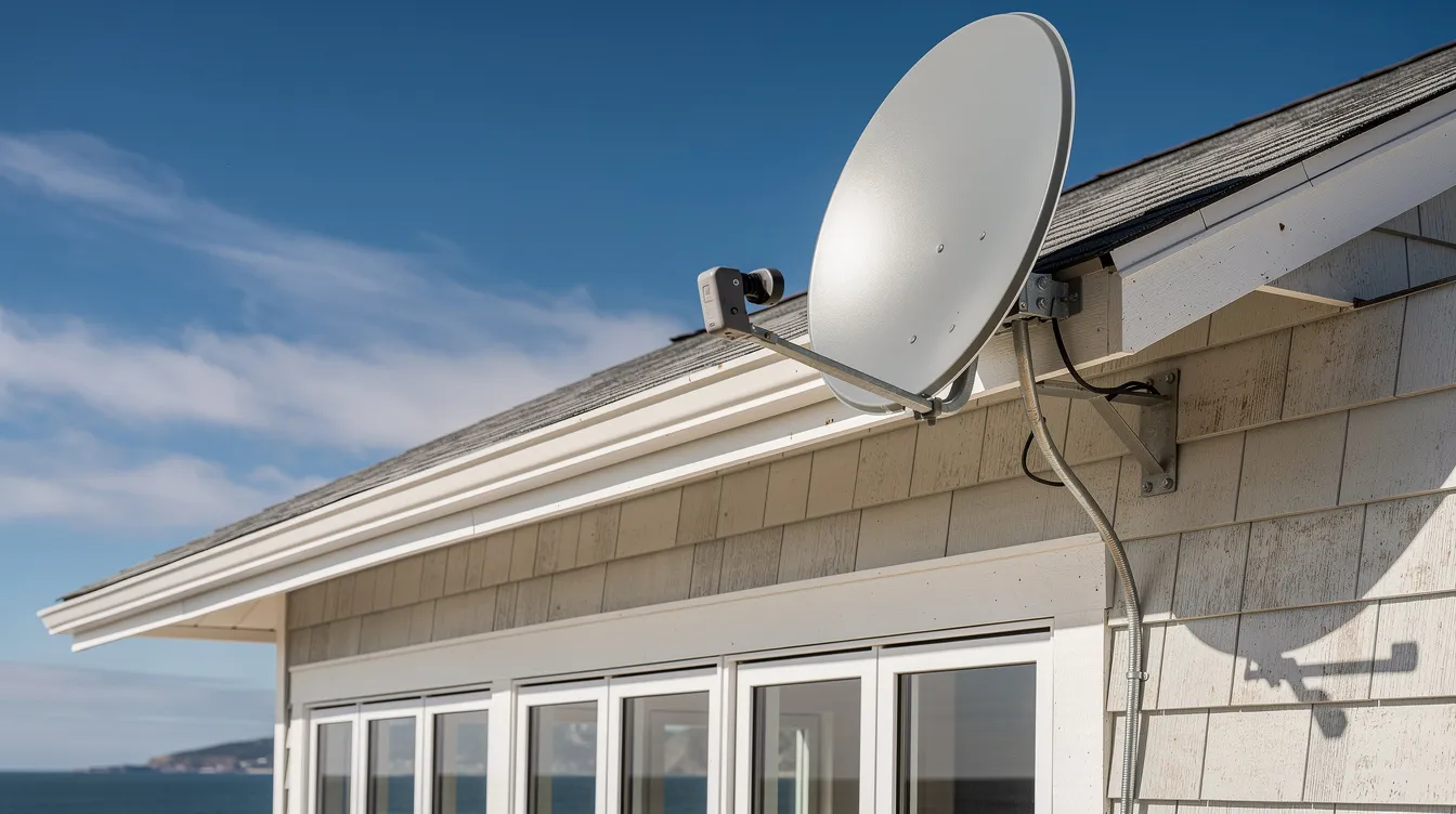 A professionally installed satellite dish is mounted on the roof of a coastal home, set against a clear blue sky. This installation ensures stable signal reception, making it ideal for enjoying DSTV services in the Klein Brak River area.