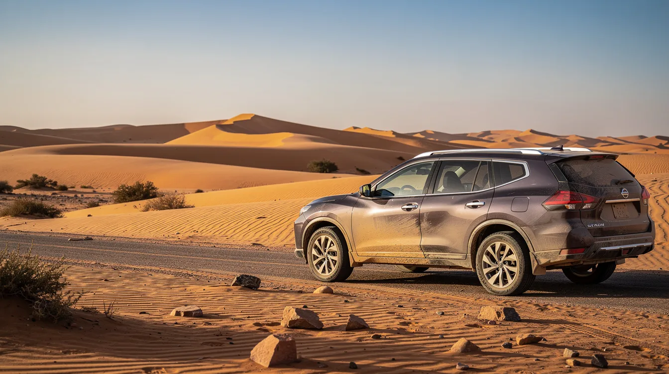 An SUV is parked on a sandy road surrounded by towering desert dunes in Morocco, suggesting a perfect spot for a road trip. This scene captures the essence of adventure and exploration, ideal for travelers looking to rent a car for their journey.