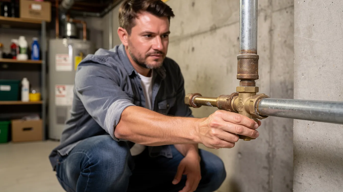 The image shows a homeowner turning off a water shutoff valve, taking proactive steps to address a potential plumbing issue. This action is essential for preventing leaks and ensuring the safety of the home's plumbing system.