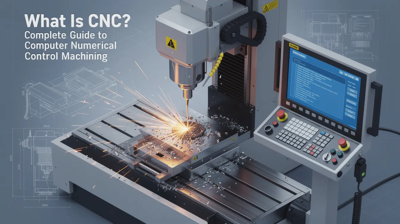 The image illustrates the concept of CNC (Computer Numerical Control) machining, showcasing a CNC machine in action as it precisely cuts and shapes a piece of material. It highlights the complexity of the piece being fabricated, emphasizing the technology's efficiency and accuracy in the manufacturing process.